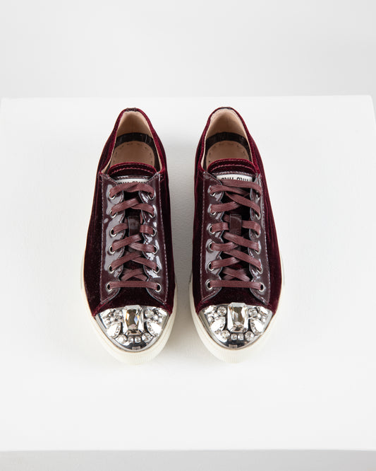 Miu Miu Crystal Embellished Dark Red Sneakers