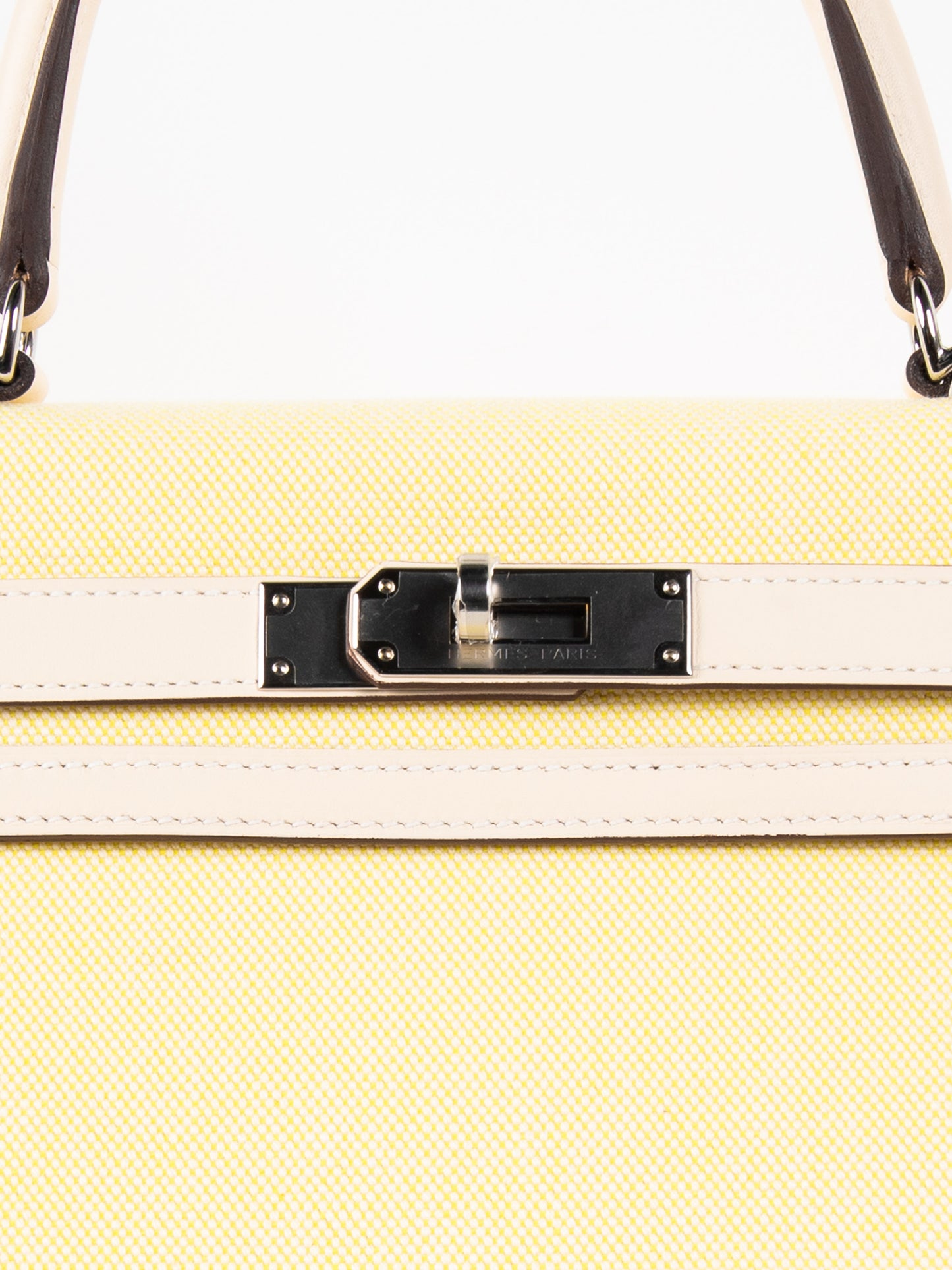 Kelly 28 in Toile H/Veau Swift Ecru-Jaune Citron/Nata with Palladium Hardware