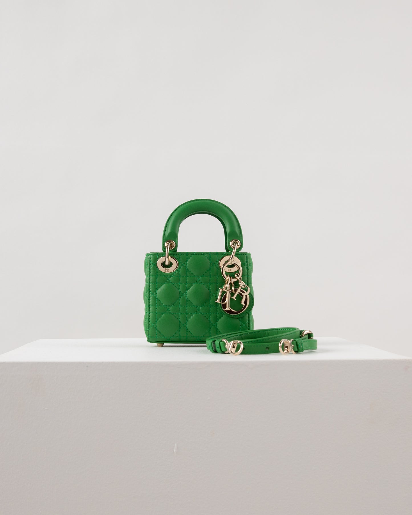 (Preloved) Lady Dior Micro in Green Lambskin and Pale Gold Hardware