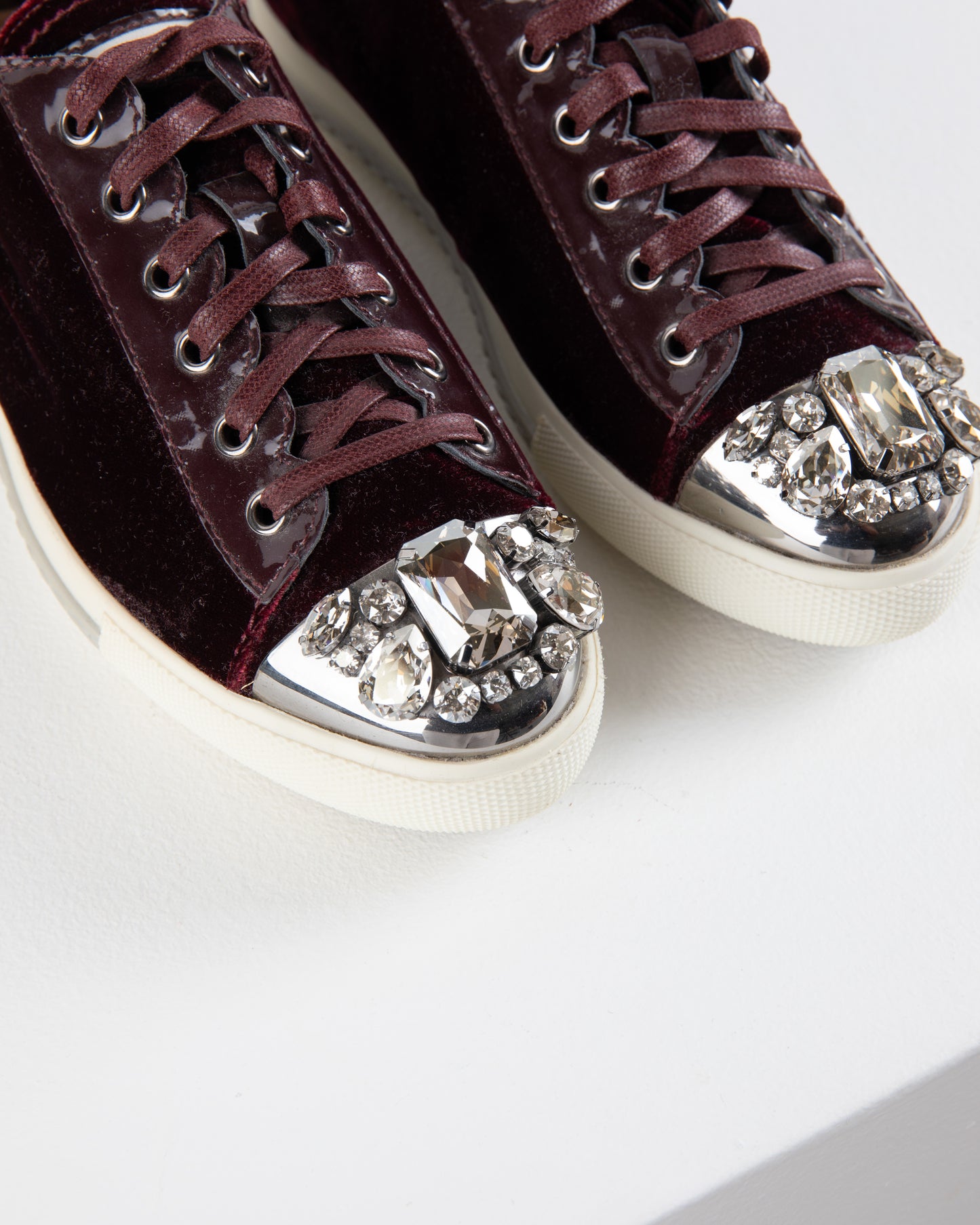 Miu Miu Crystal Embellished Dark Red Sneakers