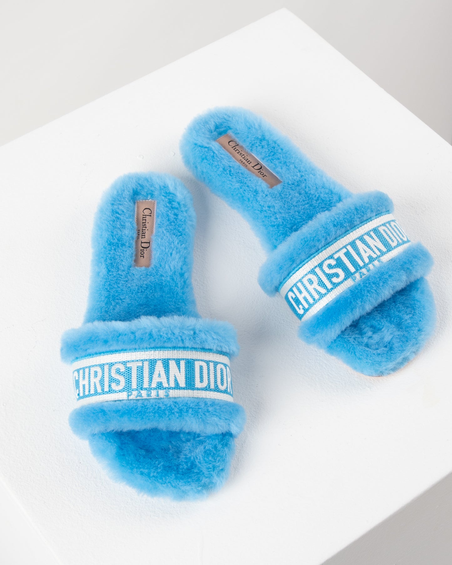 Dior Chez Moi Slide - Bright Blue Embroidered Cotton and Shearling