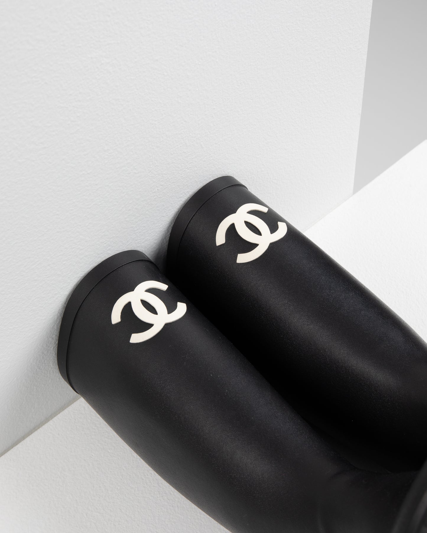 Chanel Rainboots in Black with White CC Logo