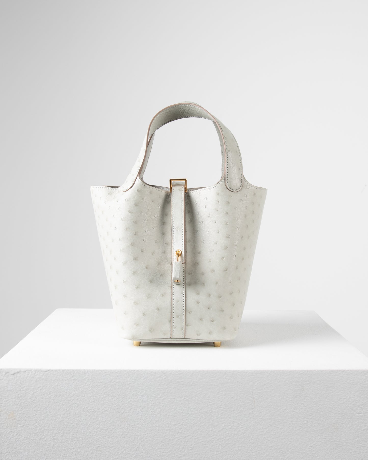 Picotin 18 Gris Perle in Ostrich Skin with Gold Hardware