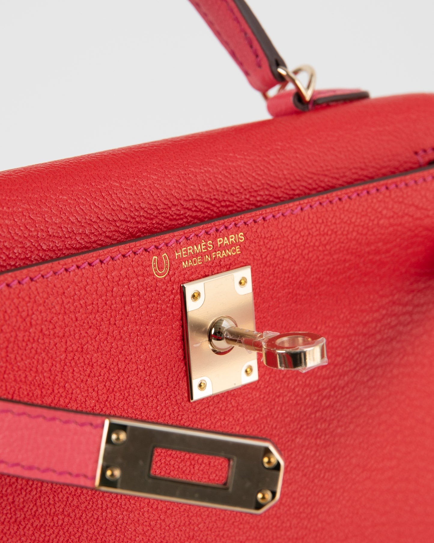 Kelly 20 Special Order in Chevre Leather Rouge de Ceour and Rose lipstick, and Framboise Stitching with Permabrass Hardware