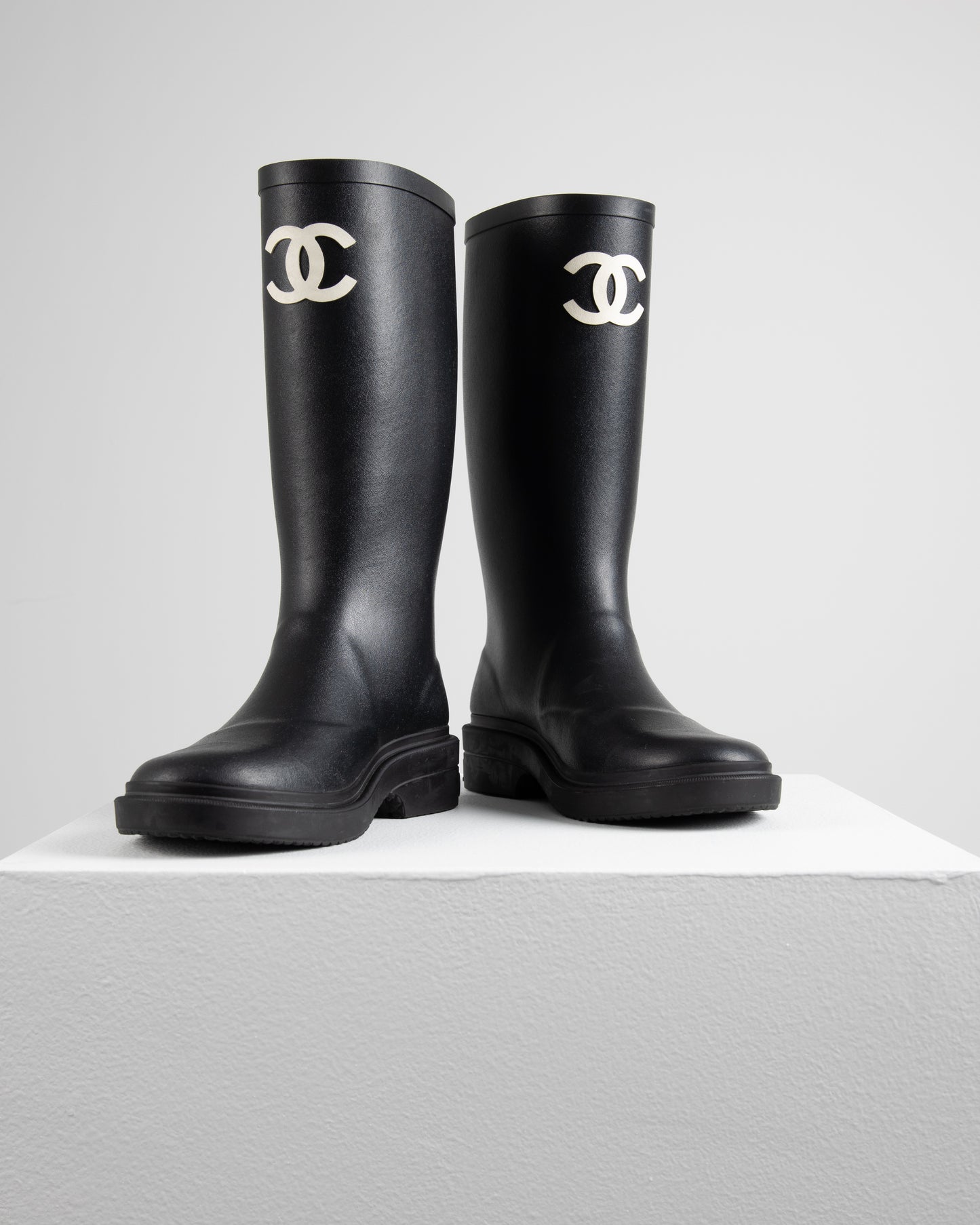 Chanel Rainboots in Black with White CC Logo