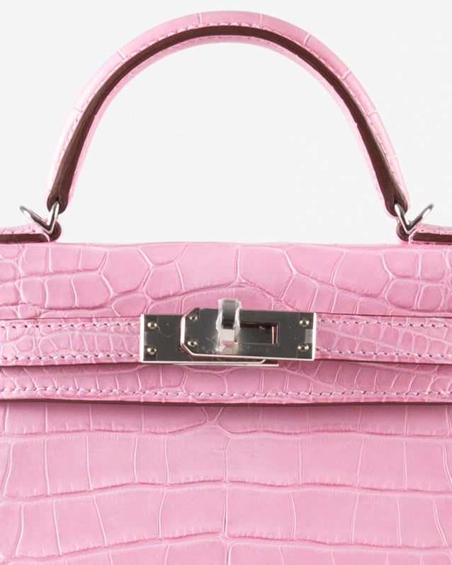 Kelly 20 in Bubblegum Pink Sellier Matte Alligator Mississippiensis with Palladium Hardware
