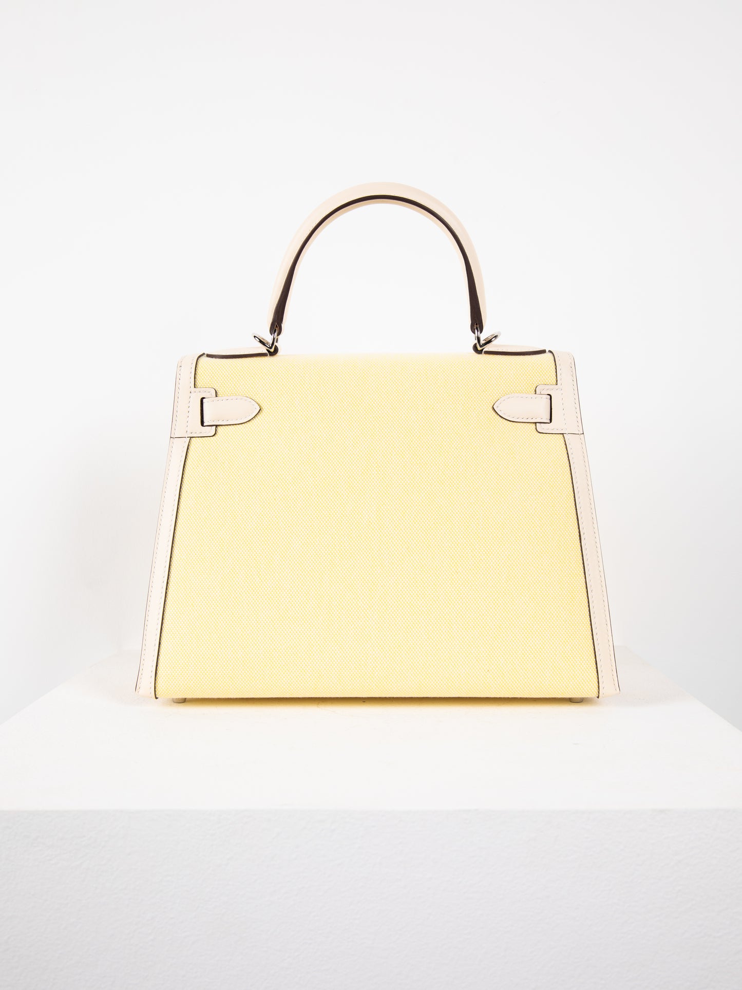 Kelly 28 in Toile H/Veau Swift Ecru-Jaune Citron/Nata with Palladium Hardware