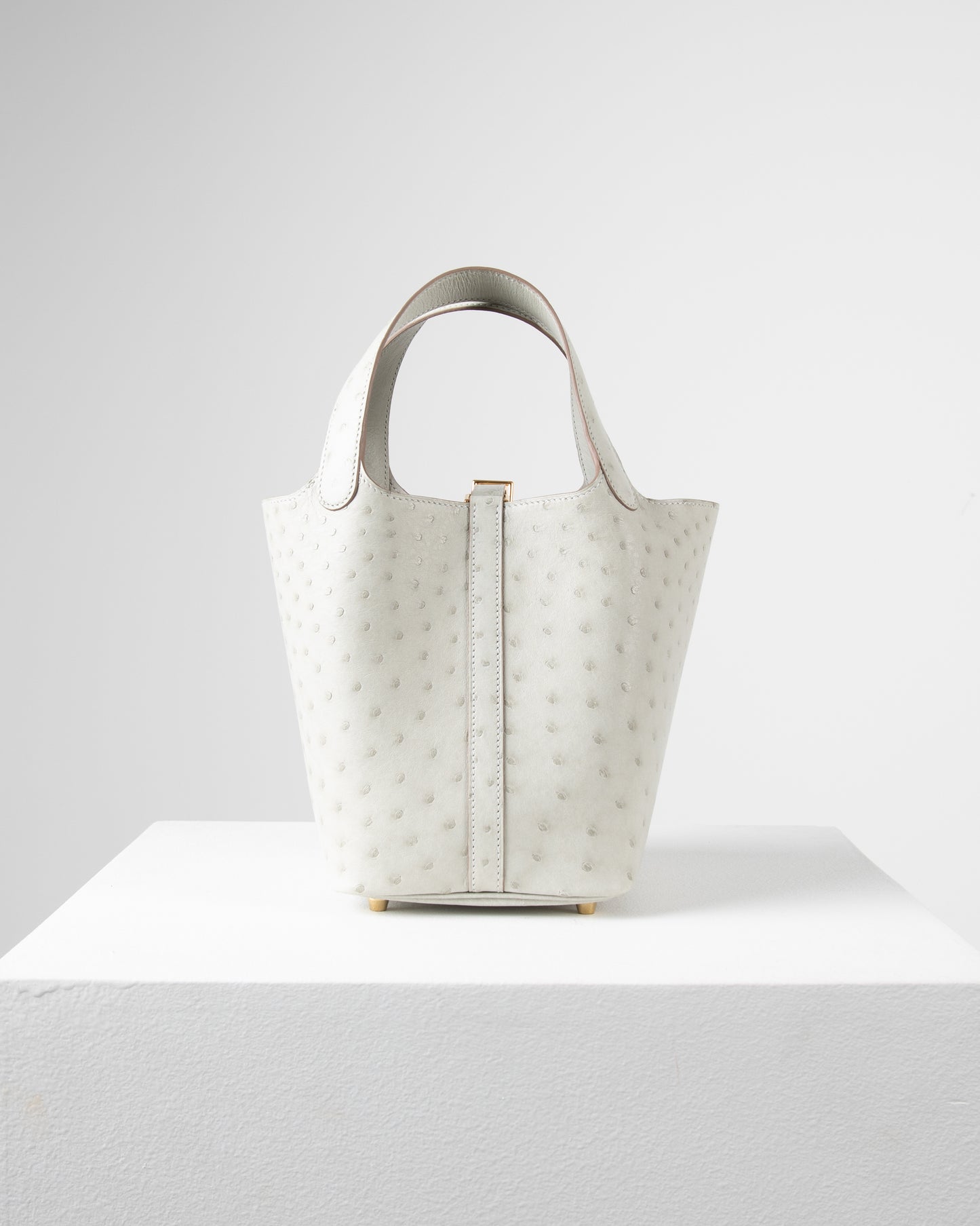 Picotin 18 Gris Perle in Ostrich Skin with Gold Hardware
