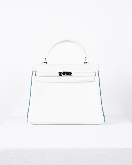 Kelly 25 in White with Contrast Pipe Epsom with Palladium Hardware (Vintage)