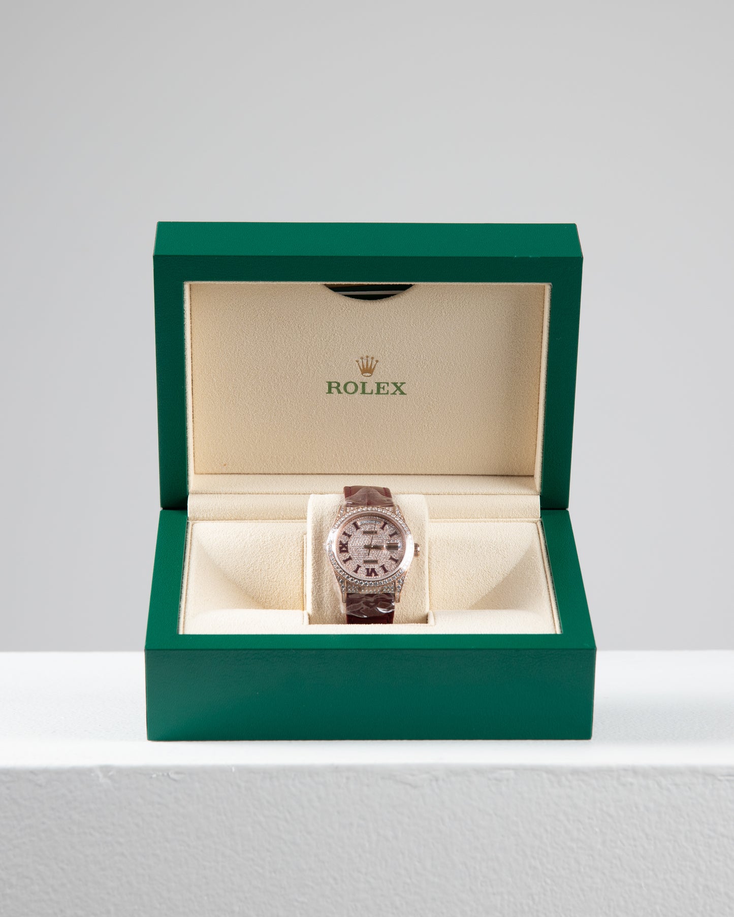 Rolex Day-Date 36 128155RBR 18K Rose Gold Diamond Bezel Pave Diamond Roman Dial