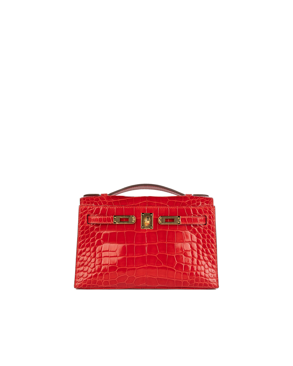 Hermès Kelly Pochette in Rouge de Coeur Shiny Alligator with Gold Hardware