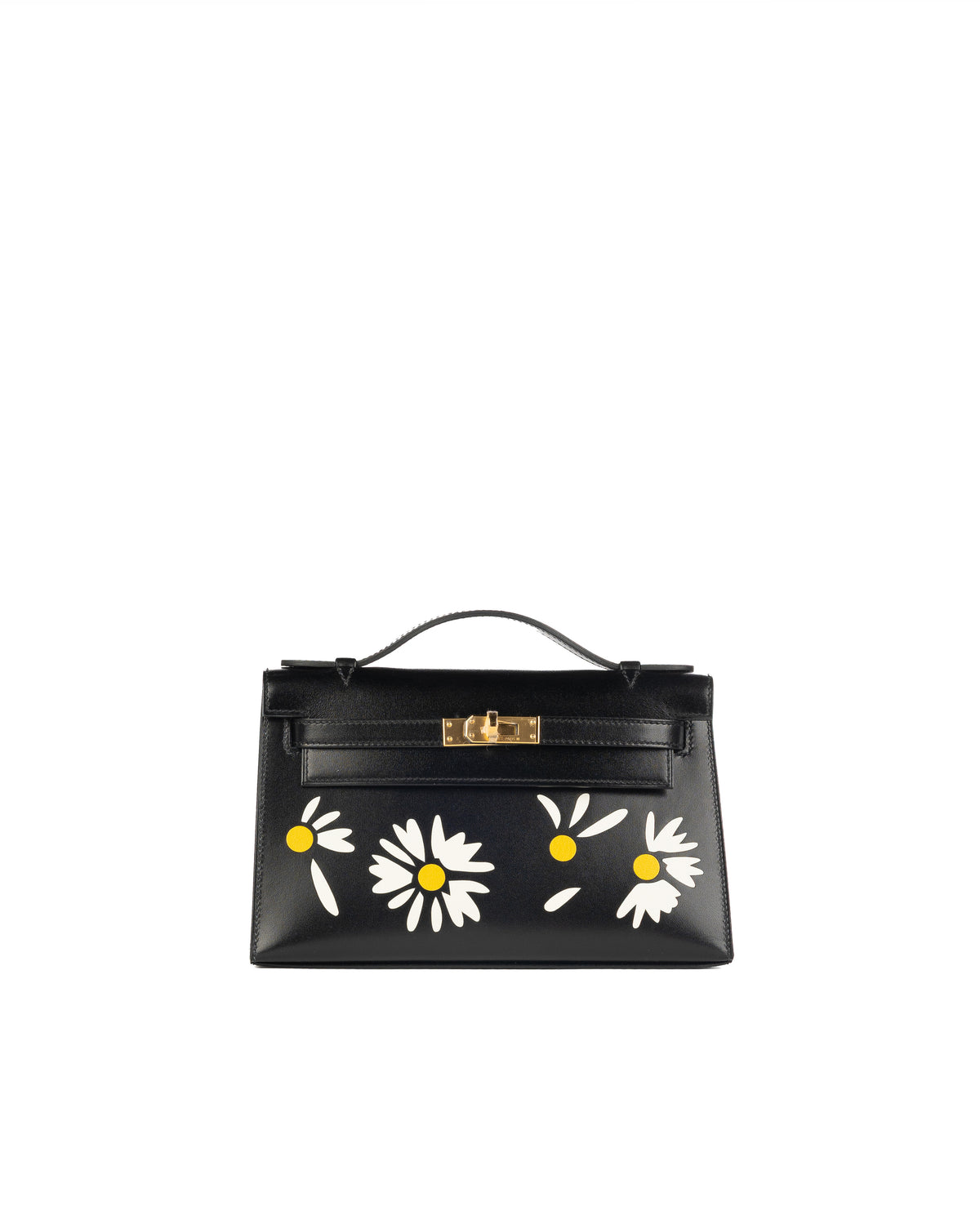 Hermès Kelly Pochette Daisy in Black Box Leather with White & Jaune Chèvre Inlay and Gold Hardware
