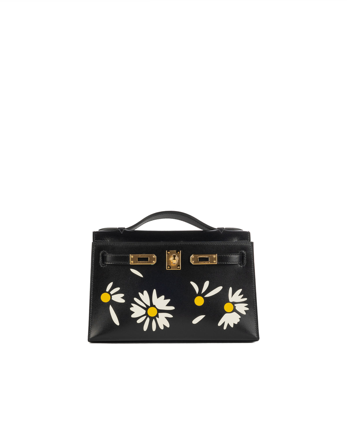 Hermès Kelly Pochette Daisy in Black Box Leather with White & Jaune Chèvre Inlay and Gold Hardware