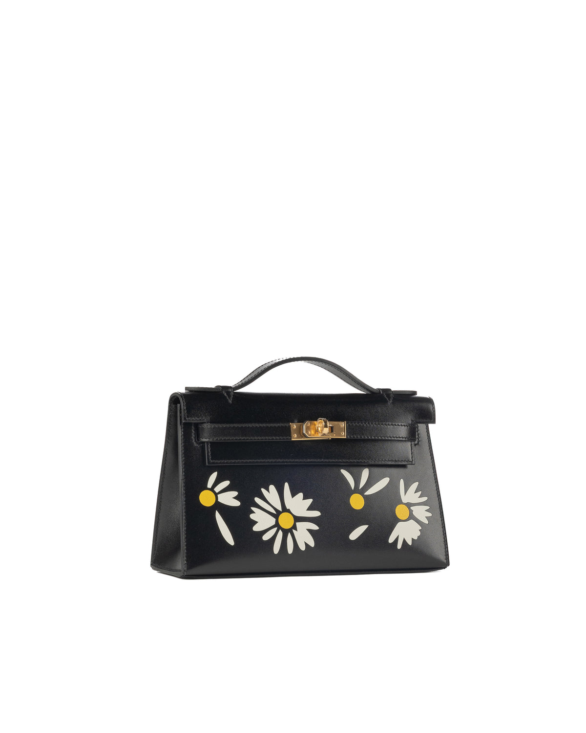 Hermès Kelly Pochette Daisy in Black Box Leather with White & Jaune Chèvre Inlay and Gold Hardware