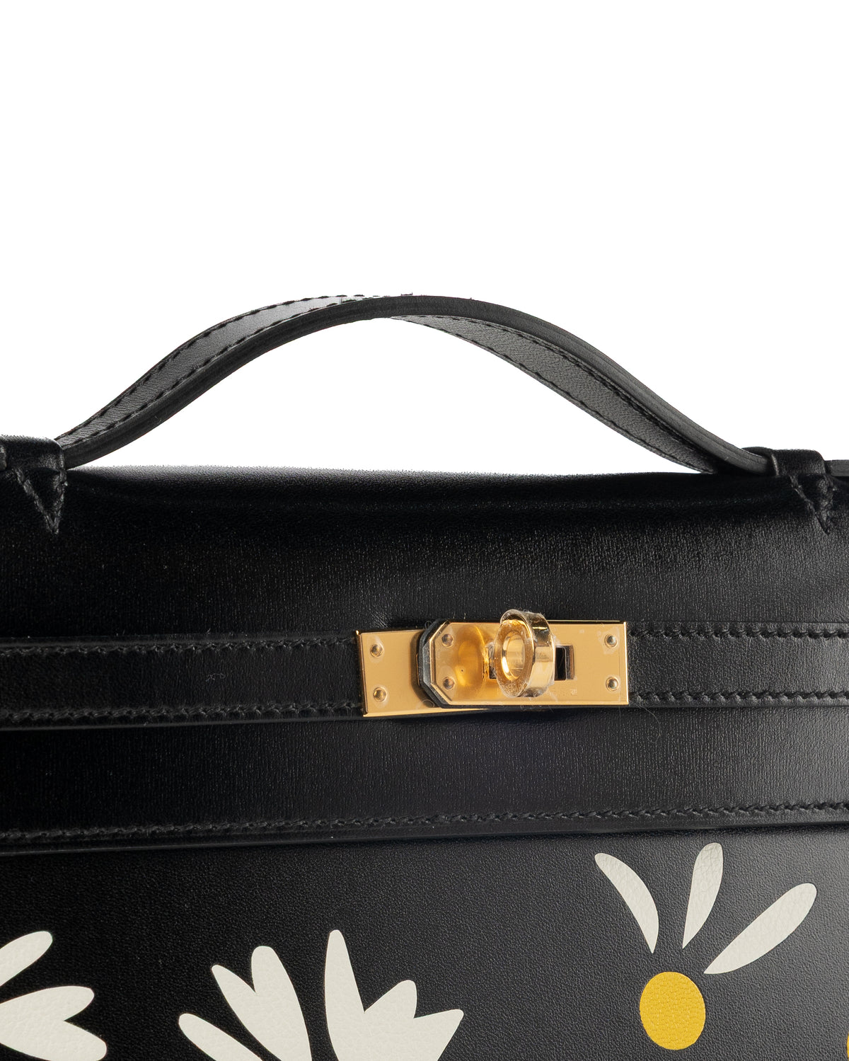 Hermès Kelly Pochette Daisy in Black Box Leather with White & Jaune Chèvre Inlay and Gold Hardware