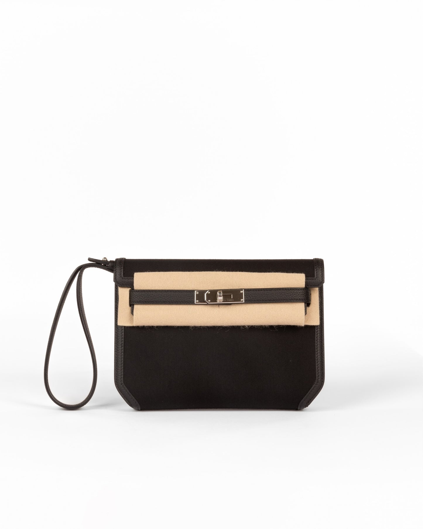 Kelly Depeches 25 Black in Toile Canvas and Togo Leather with Palladium Hardware