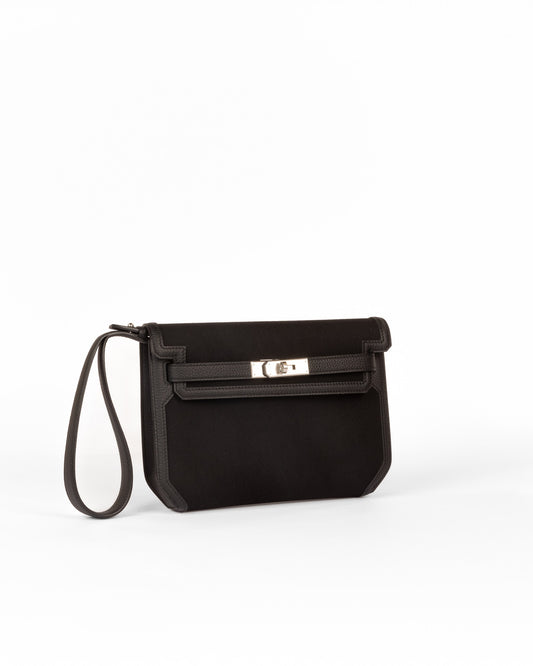 Kelly Depeches 25 Black in Toile Canvas and Togo Leather with Palladium Hardware