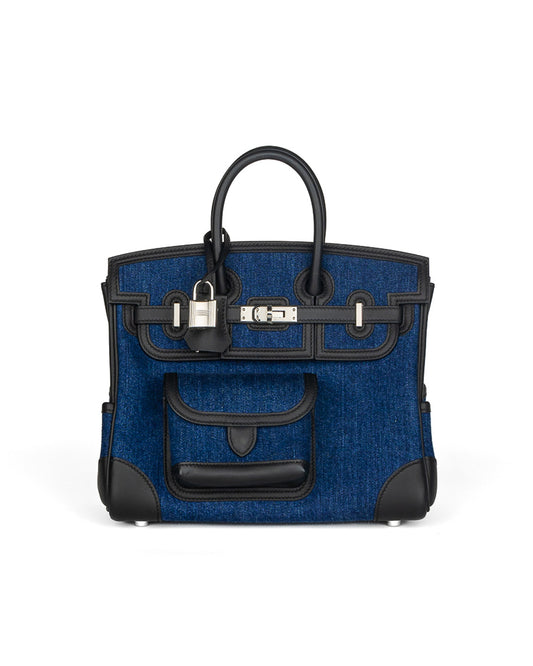 Birkin 25 Cargo in Denim and Black Swift Leather with Palladium Hardware