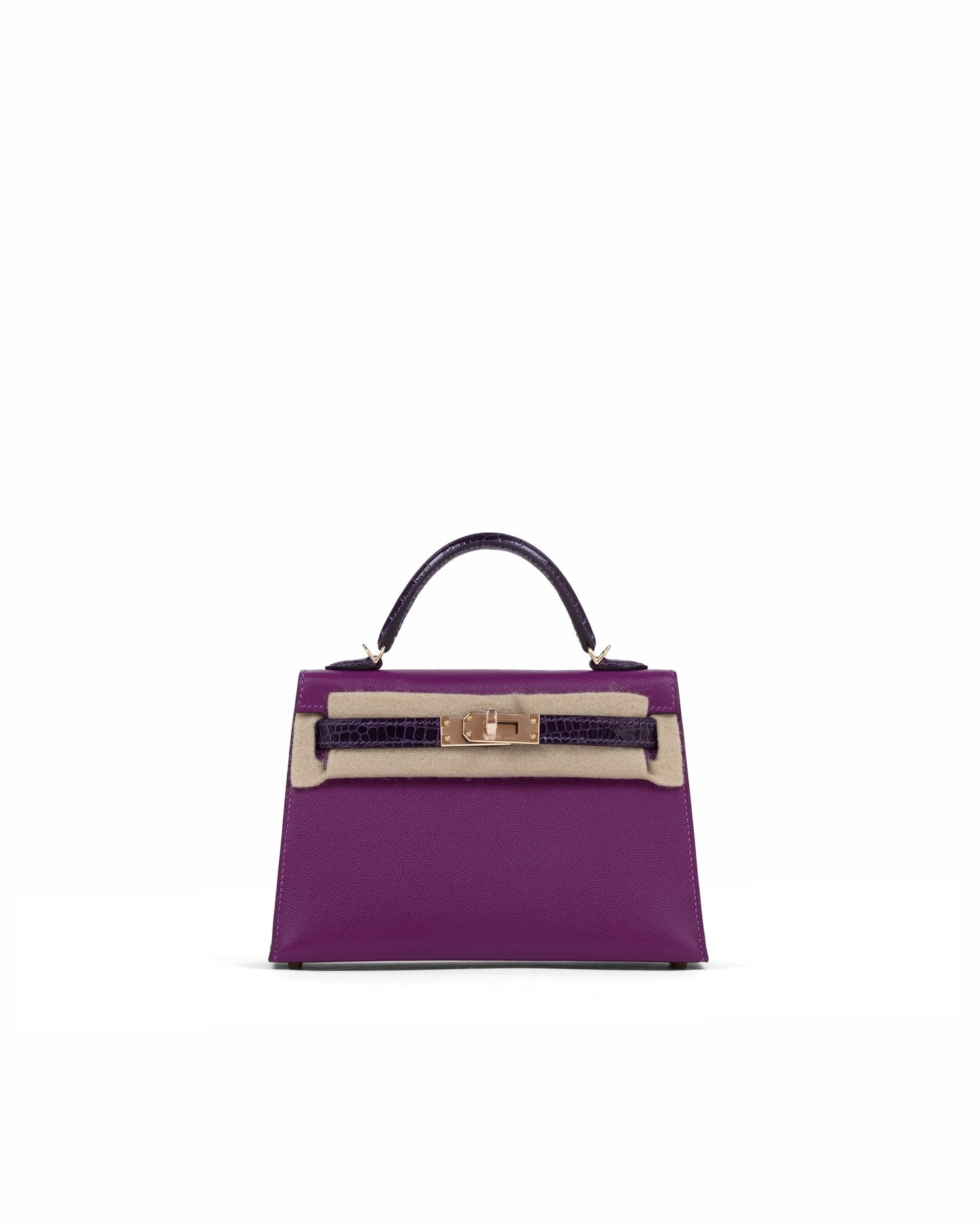 Kelly 20 Sellier Amethyst and Anemone in Veau Madame leather and Shiny Alligator Touch with Permabrass Hardware