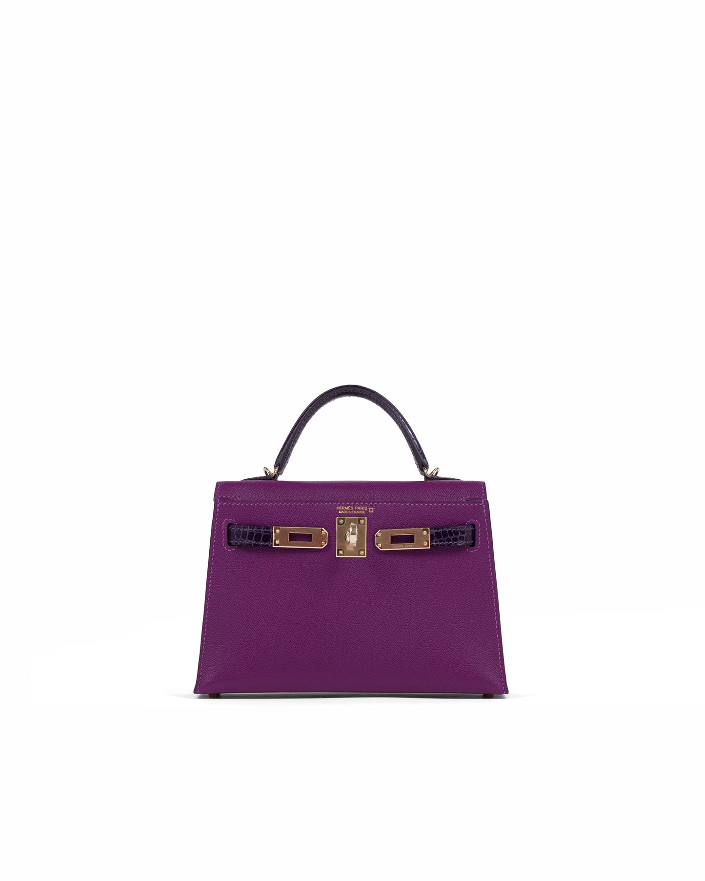 Kelly 20 Sellier Amethyst and Anemone in Veau Madame leather and Shiny Alligator Touch with Permabrass Hardware