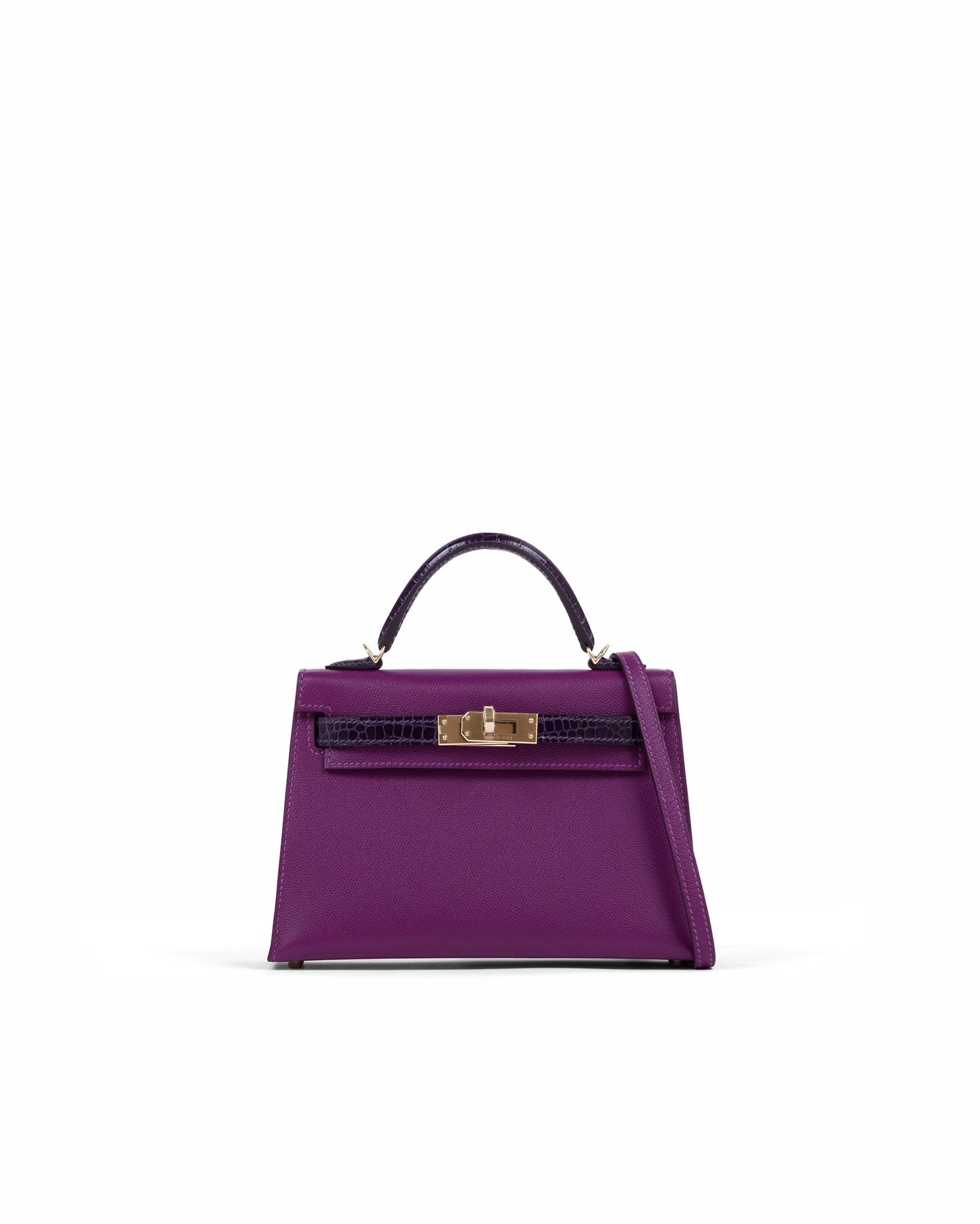 Kelly 20 Sellier Amethyst and Anemone in Veau Madame leather and Shiny Alligator Touch with Permabrass Hardware