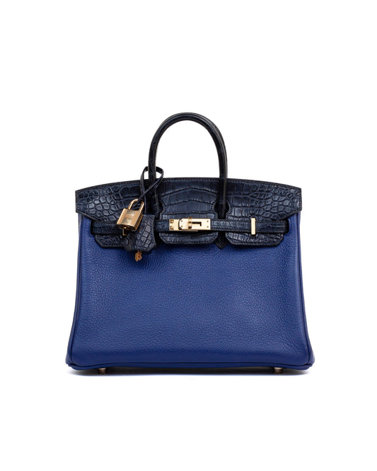 Birkin 25 Bleu Saphir and Marine Noville in Matte Alligator Touch with Rose Gold Hardware