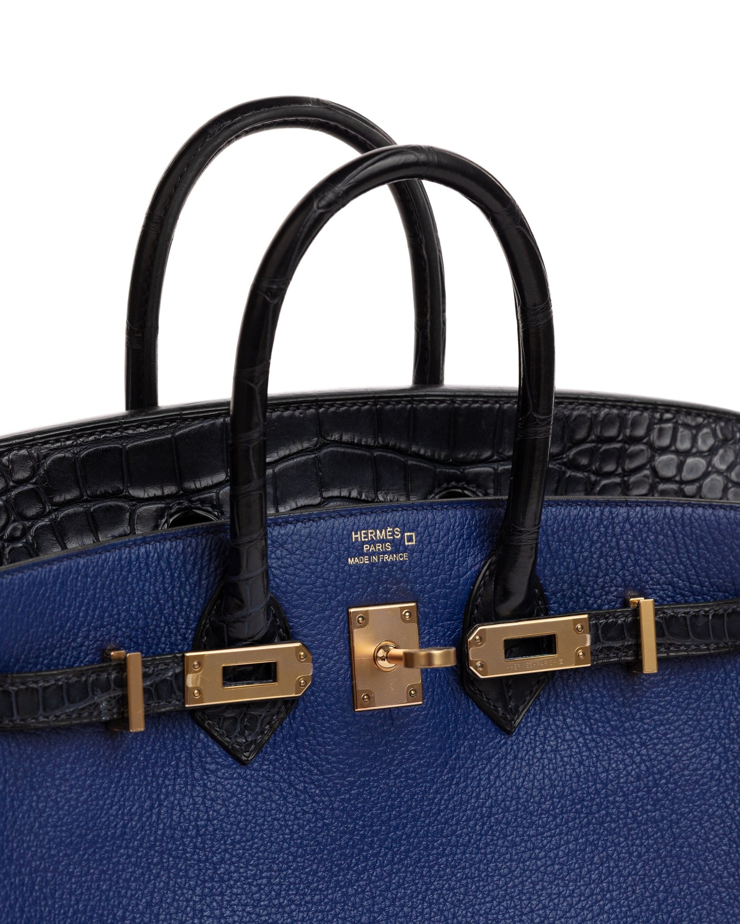 Birkin 25 Bleu Saphir and Marine Noville in Matte Alligator Touch with Rose Gold Hardware