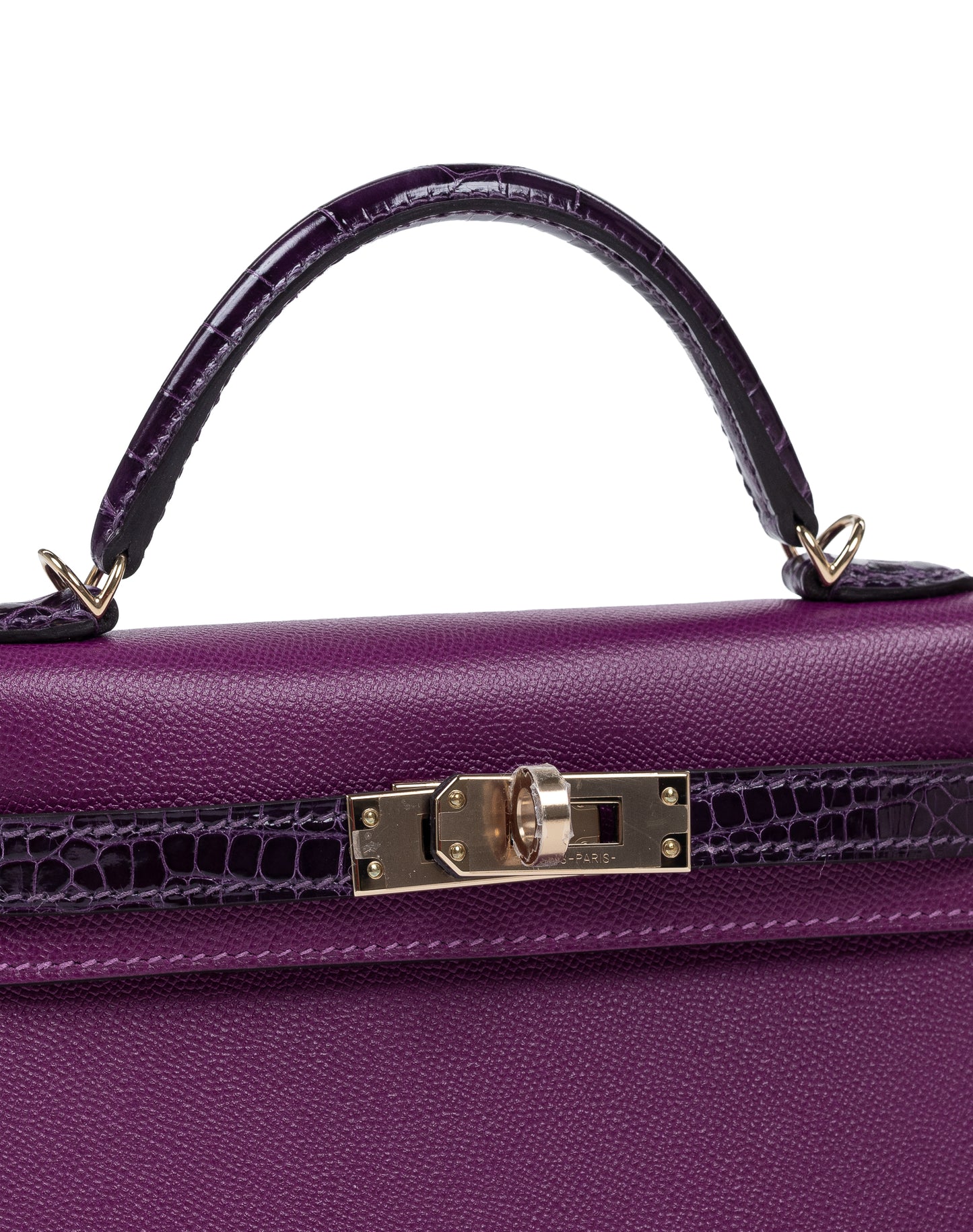 Kelly 20 Sellier Amethyst and Anemone in Veau Madame leather and Shiny Alligator Touch with Permabrass Hardware