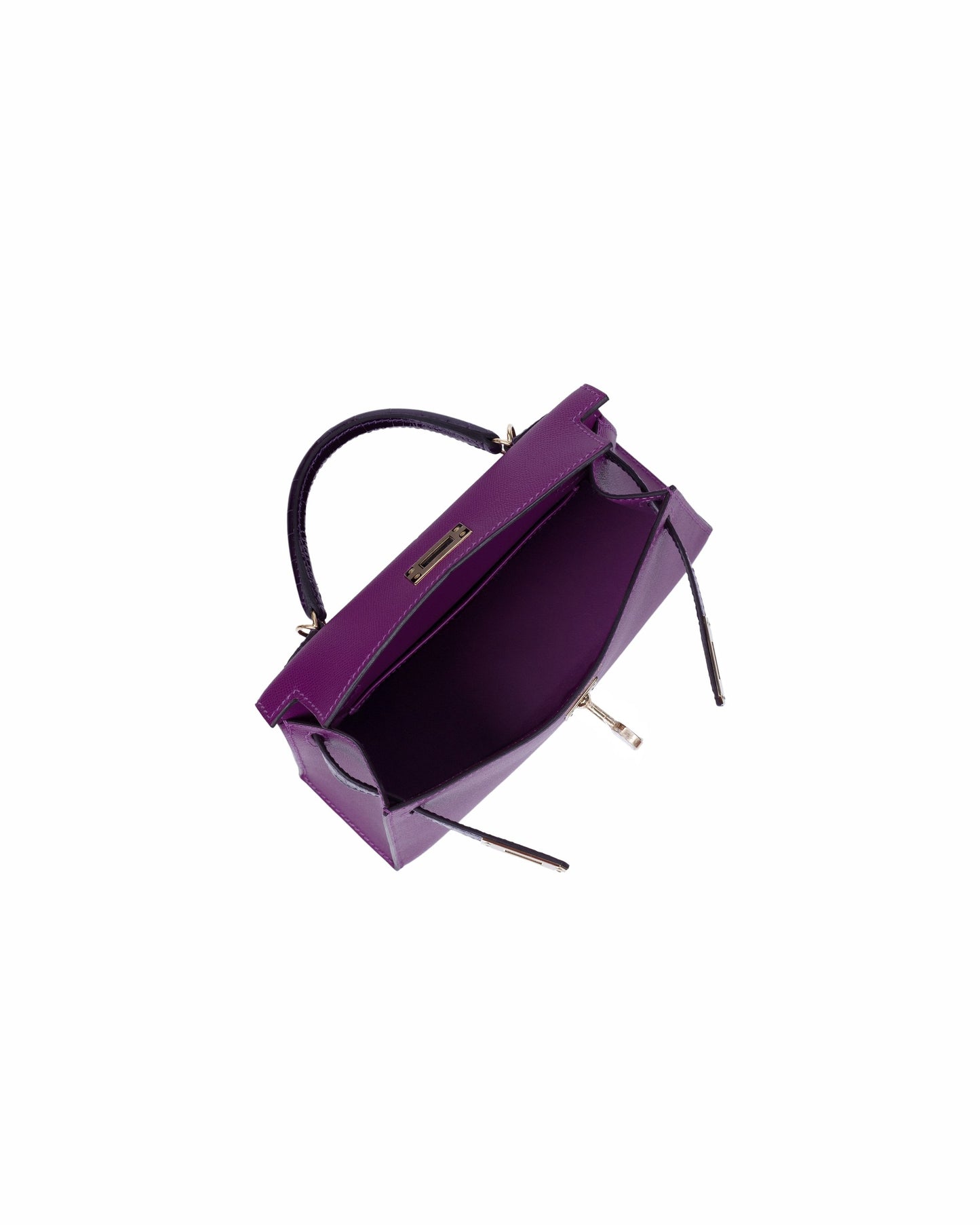 Kelly 20 Sellier Amethyst and Anemone in Veau Madame leather and Shiny Alligator Touch with Permabrass Hardware