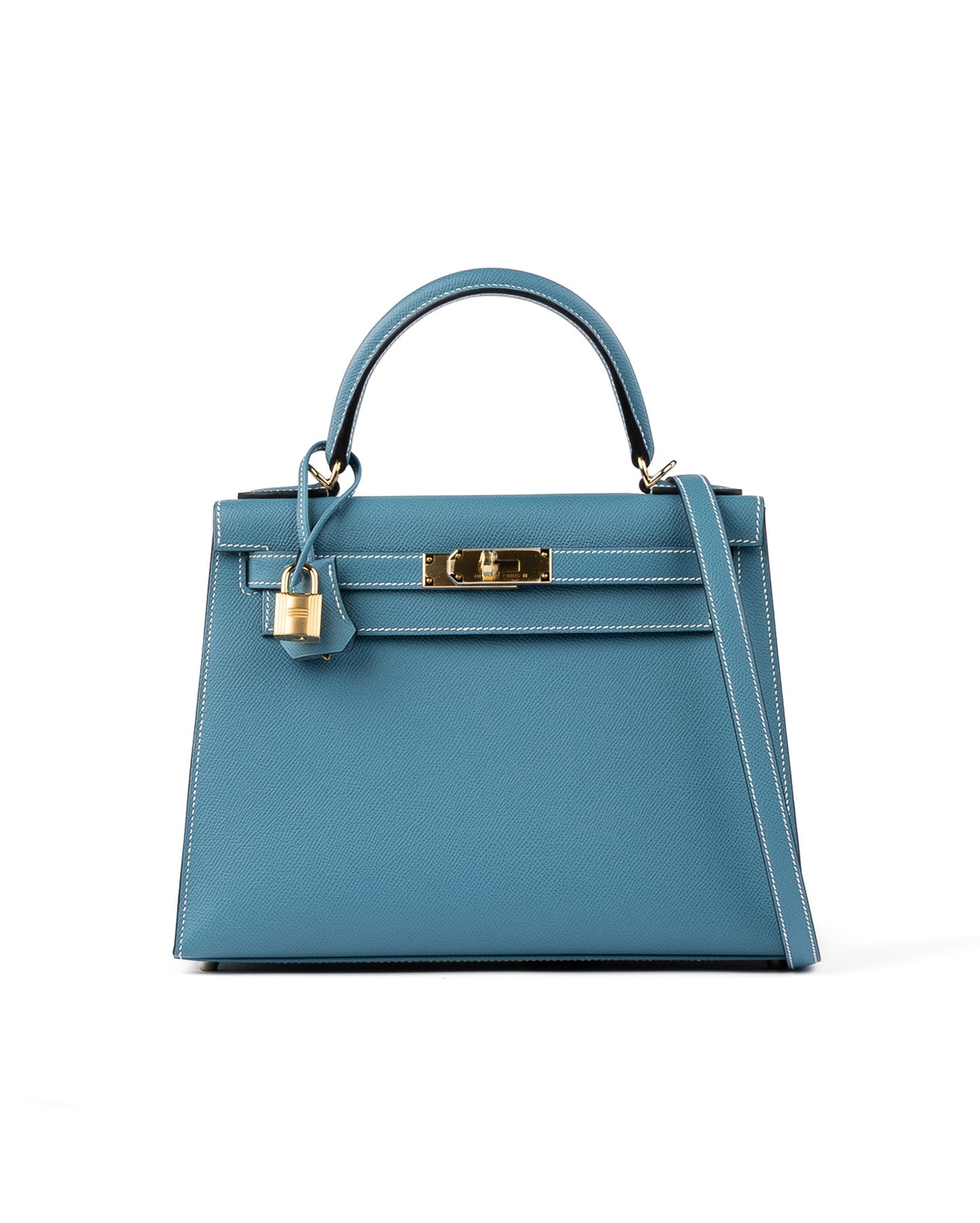 Kelly 28 Sellier Blue Jean in Epsom Leather with Gold Hardware