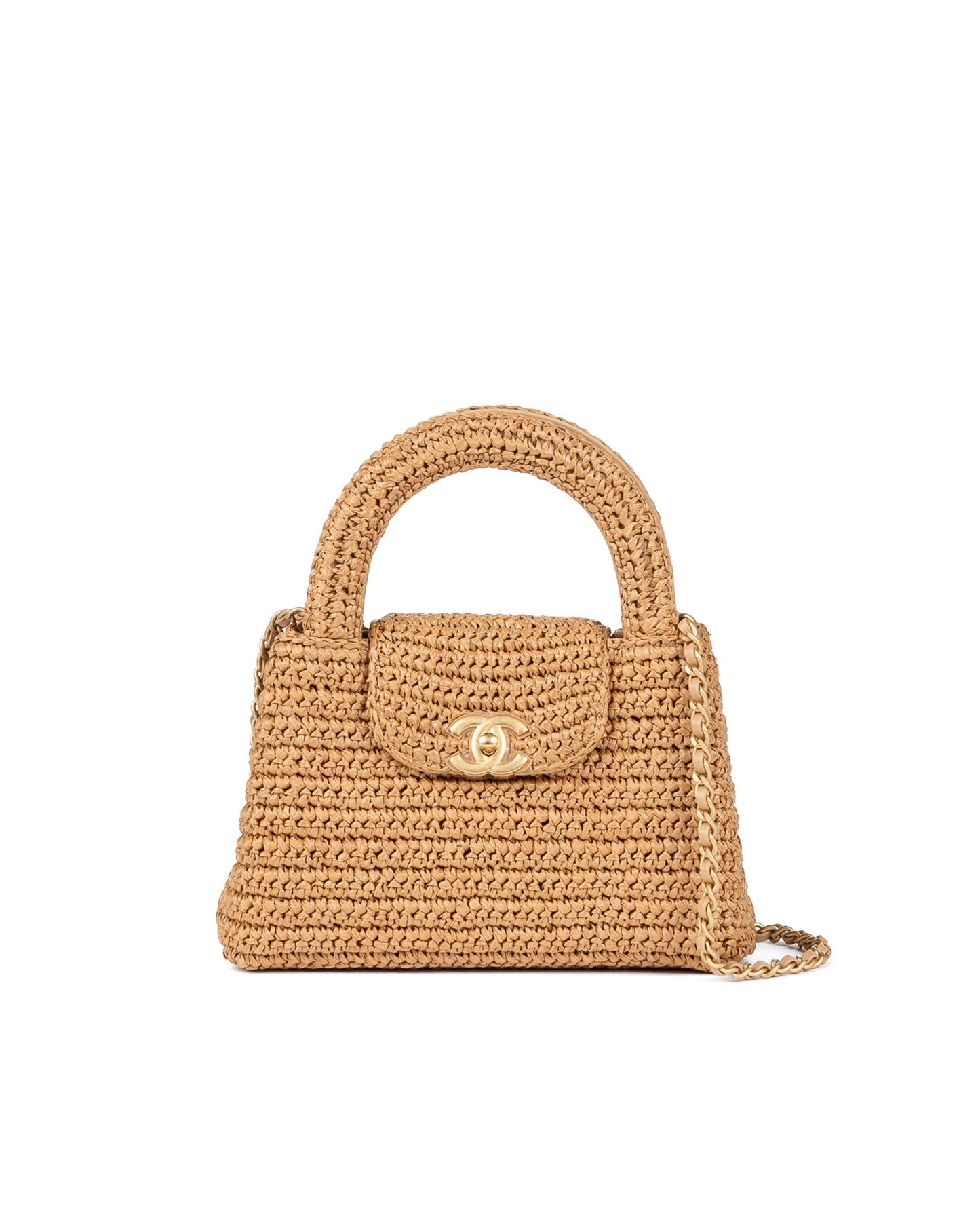 Chanel Mini Shopping Bag Dark Beige Braided Rafia Gold Tone Metal
