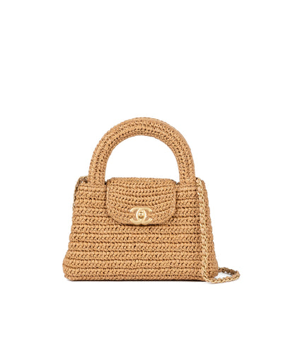 Chanel Mini Shopping Bag Dark Beige Braided Rafia Gold Tone Metal