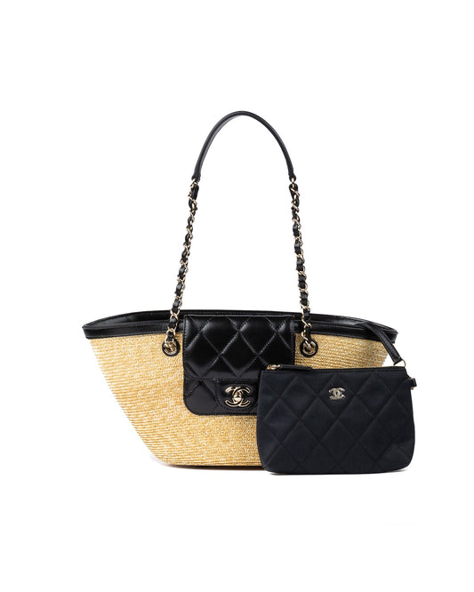 Chanel Small Shopping Tote in Braided Straw with Black Lambskin and Gold-Tone Metal