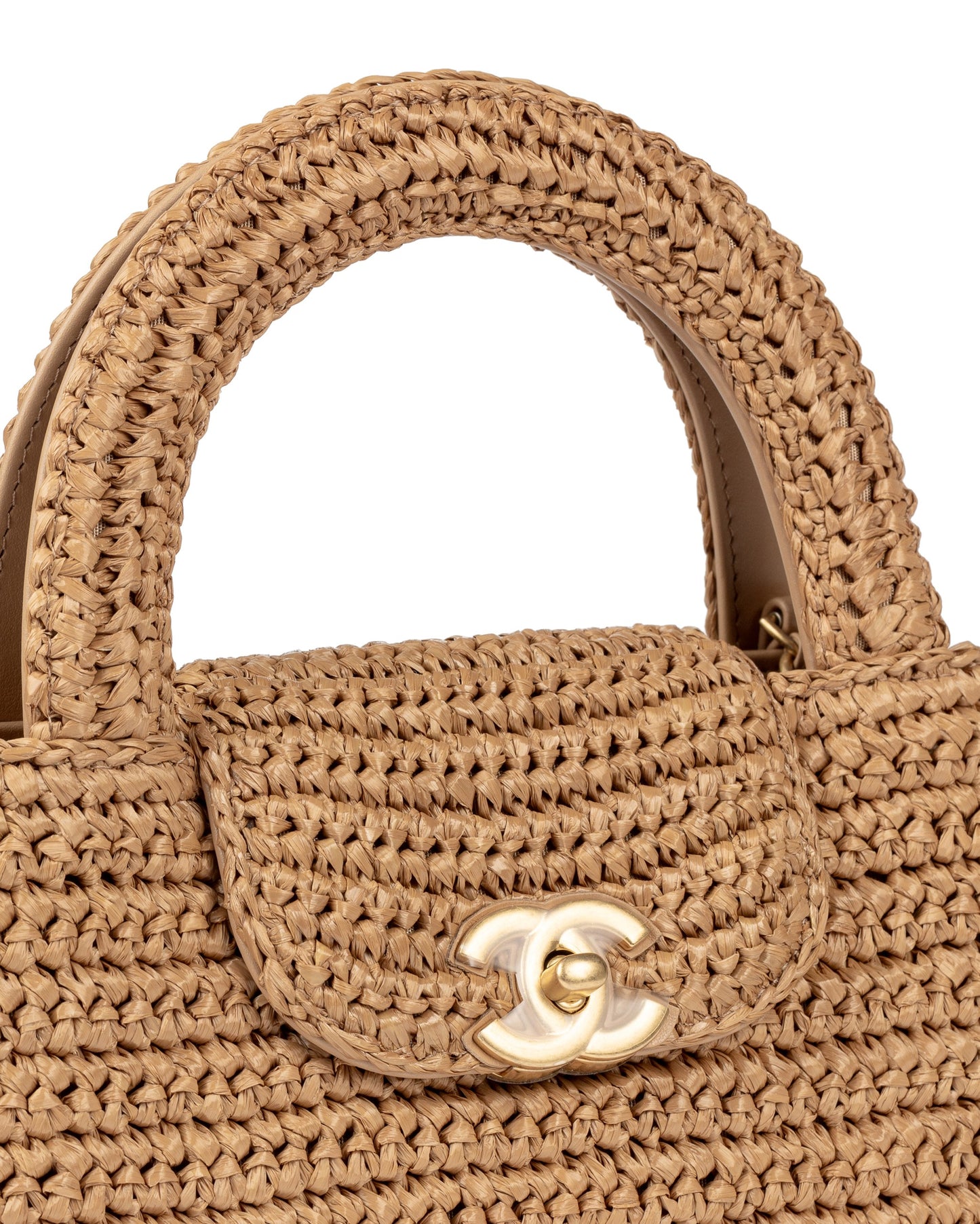 Chanel Mini Shopping Bag Dark Beige Braided Rafia Gold Tone Metal