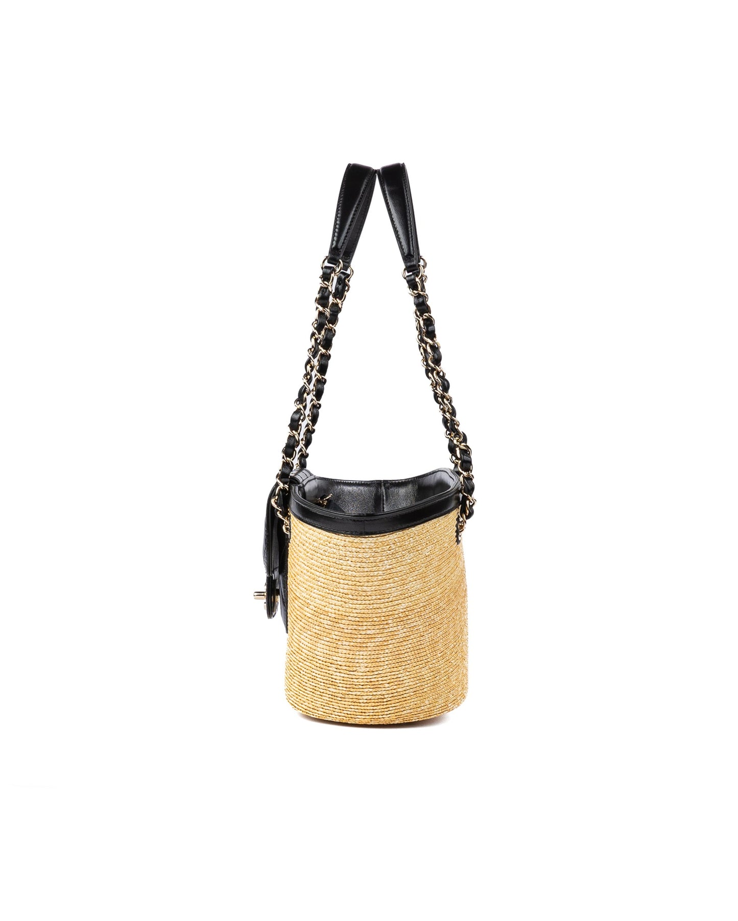 Chanel Small Shopping Tote in Braided Straw with Black Lambskin and Gold-Tone Metal