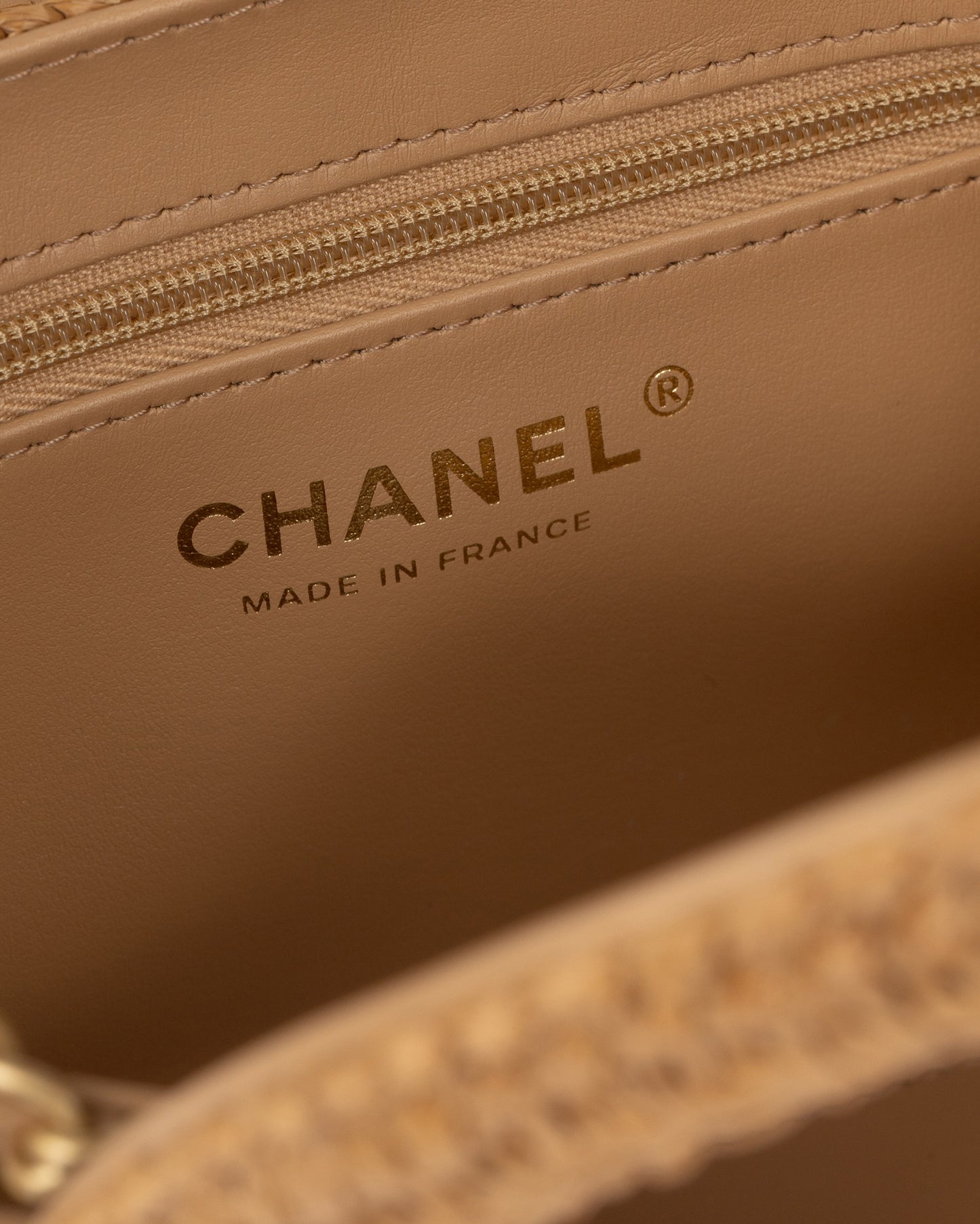 Chanel Mini Shopping Bag Dark Beige Braided Rafia Gold Tone Metal