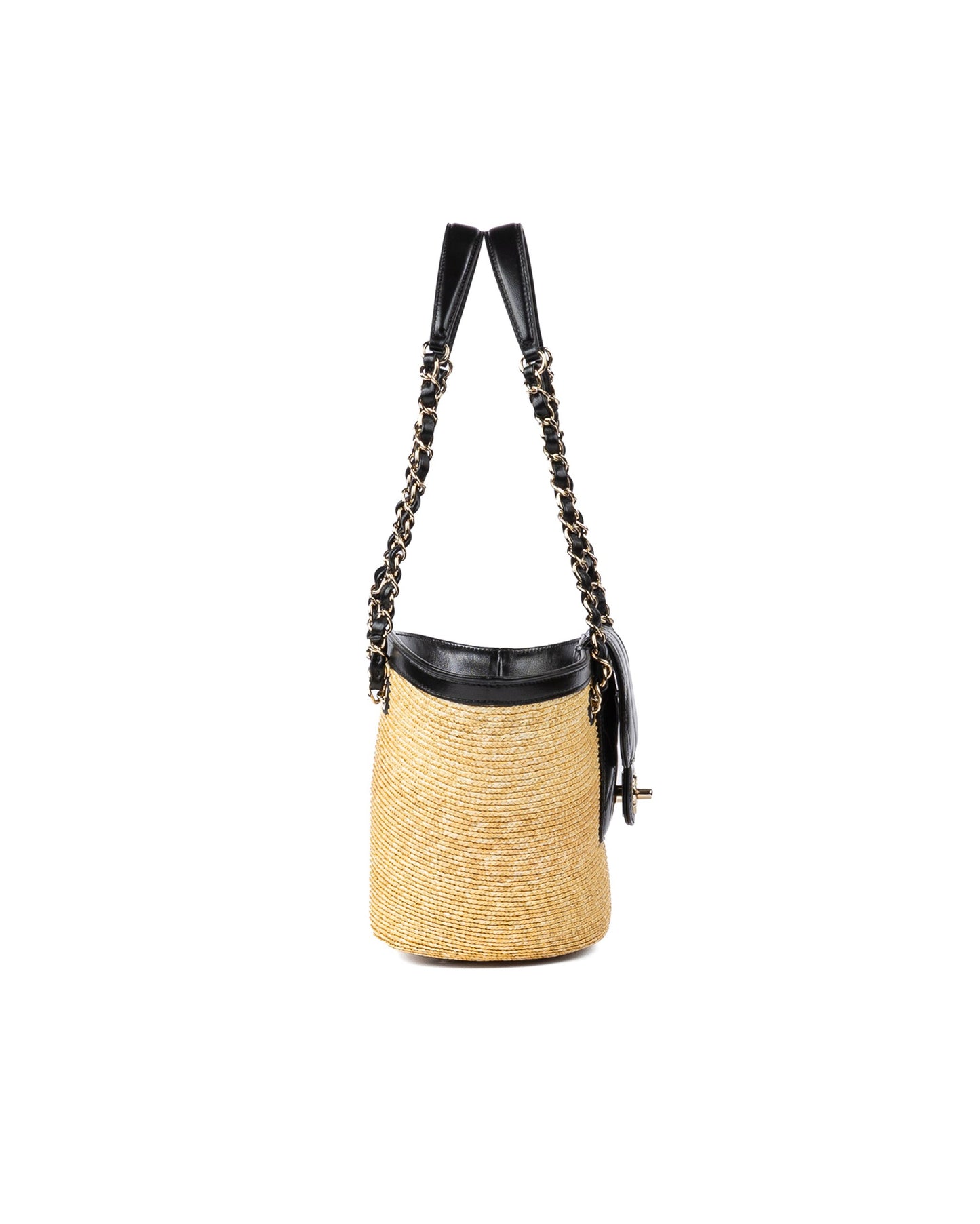 Chanel Small Shopping Tote in Braided Straw with Black Lambskin and Gold-Tone Metal