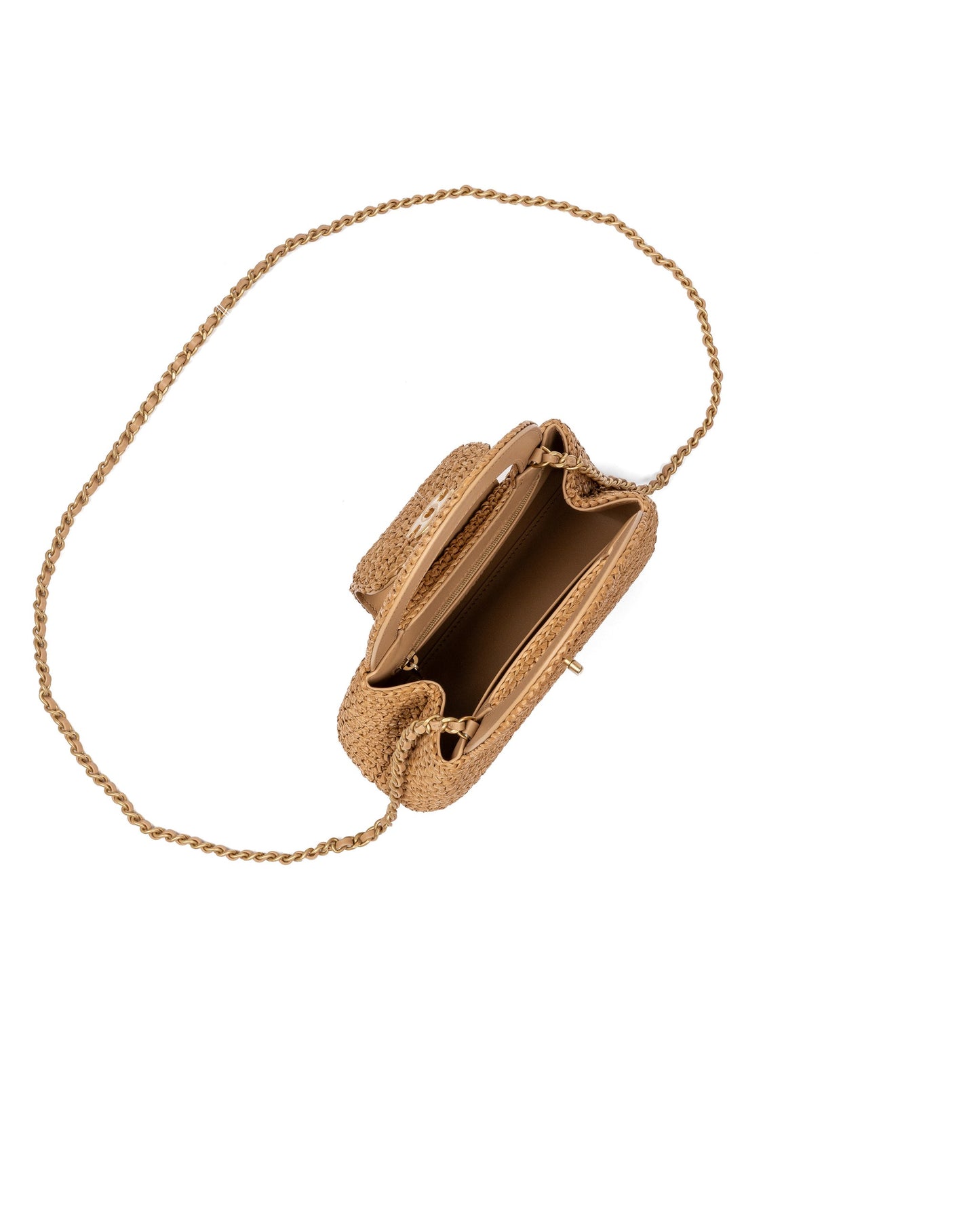Chanel Mini Shopping Bag Dark Beige Braided Rafia Gold Tone Metal