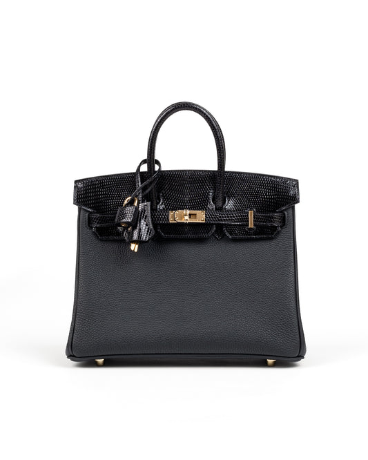 Birkin 25 Black in Togo leather and Lizard touch with Gold  Hardware