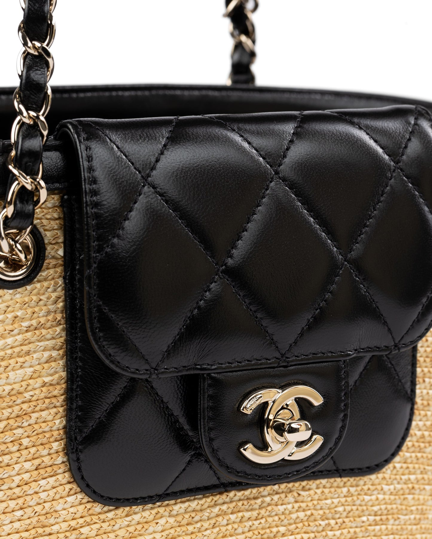 Chanel Small Shopping Tote in Braided Straw with Black Lambskin and Gold-Tone Metal