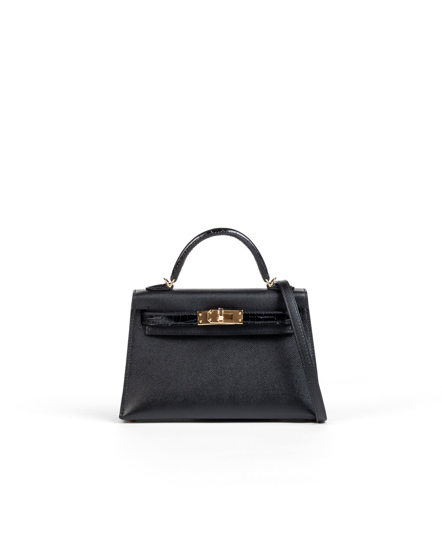 Kelly 20 Black in Veau Madame Leather and Alligator Touch with Gold Hardware