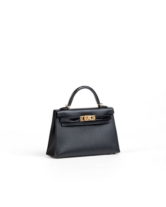 Kelly 20 Black in Veau Madame Leather and Alligator Touch with Gold Hardware