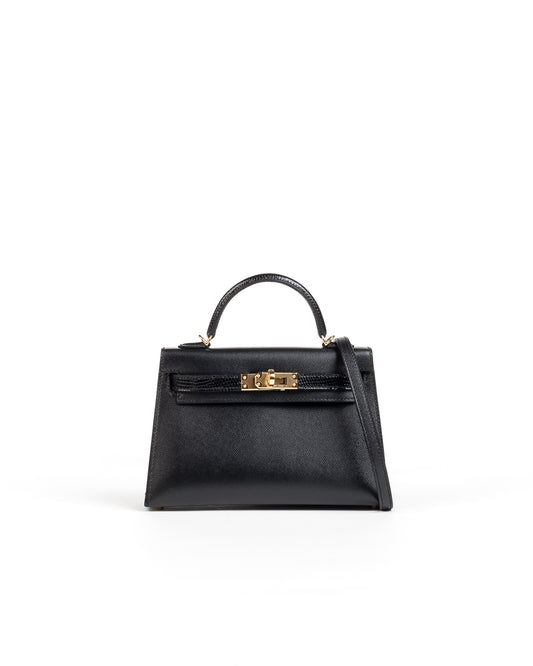 Kelly 20 Black in Veau Madame leather and Lizard touch with Gold Hardware