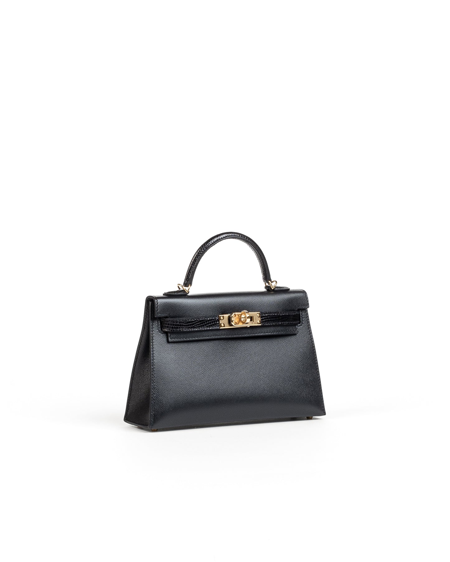 Kelly 20 Black in Veau Madame leather and Lizard touch with Gold Hardware