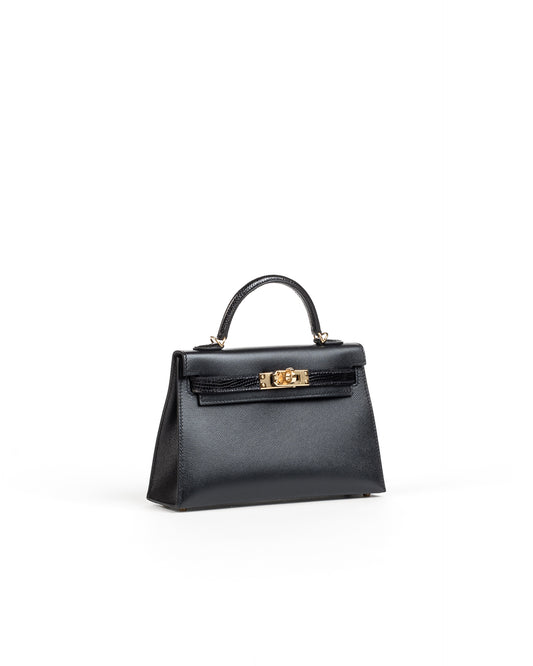 Kelly 20 Black in Veau Madame leather and Lizard touch with Gold Hardware