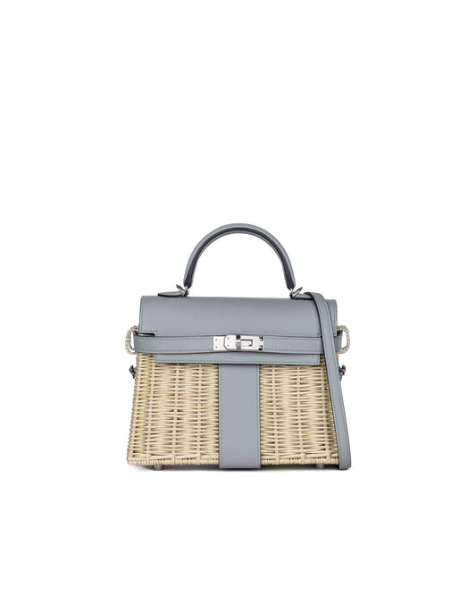 Kelly 20 Bleu Glacier in Swift and Naturel Osier Wicker Leather with Palladium Hardware