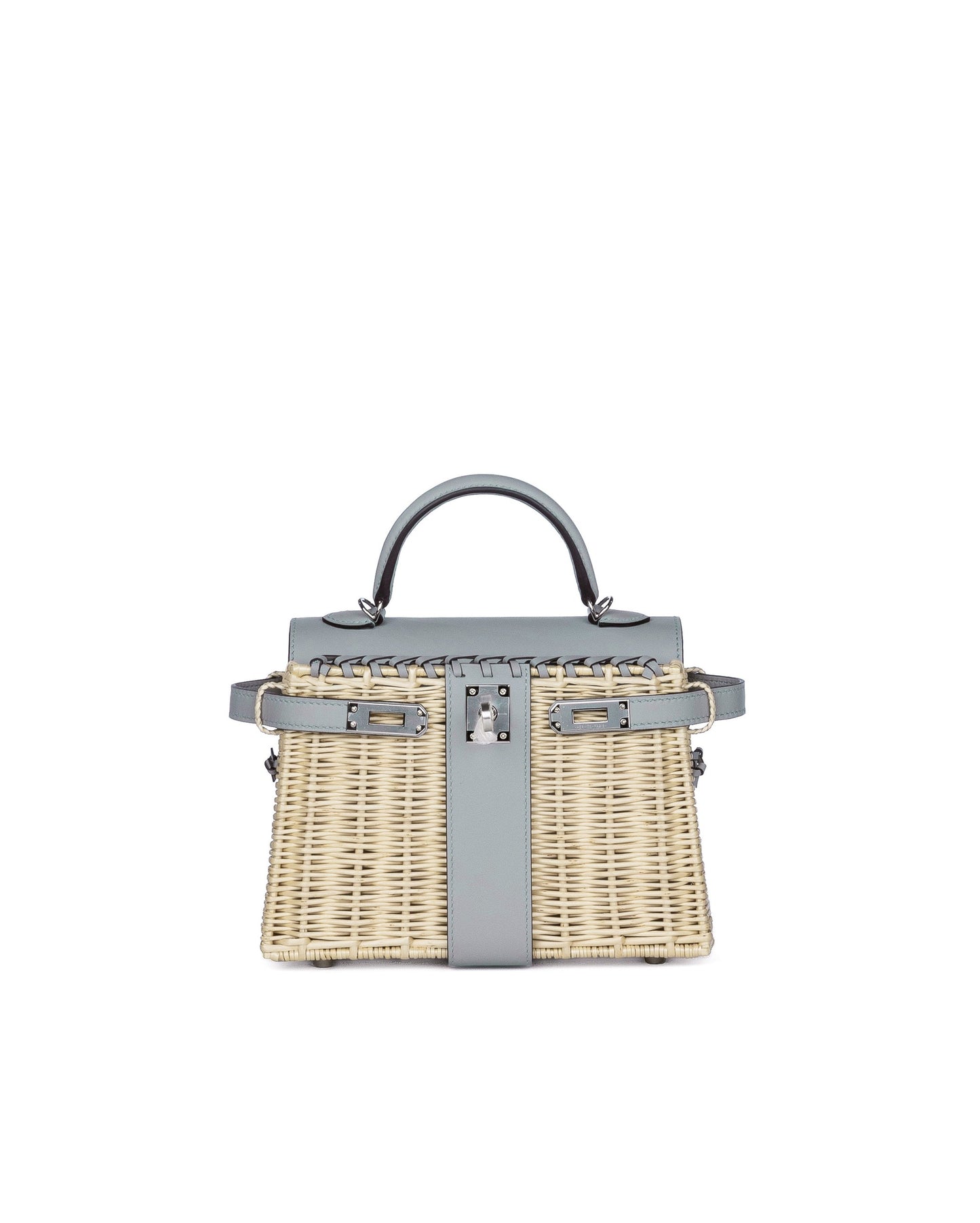 Kelly 20 Bleu Glacier in Swift and Naturel Osier Wicker Leather with Palladium Hardware