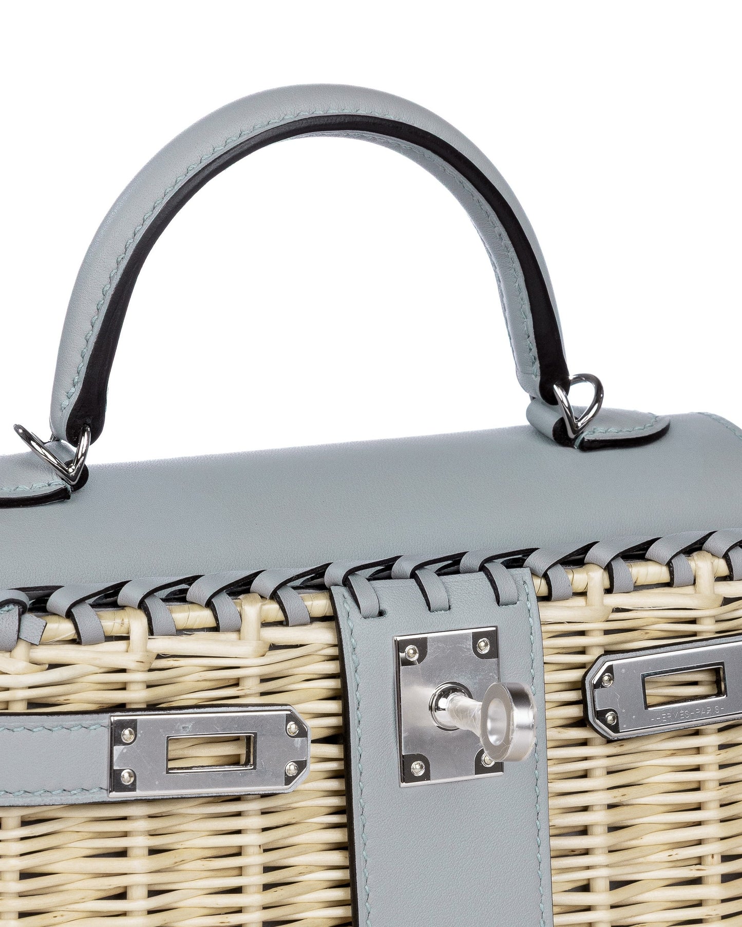 Kelly 20 Bleu Glacier in Swift and Naturel Osier Wicker Leather with Palladium Hardware