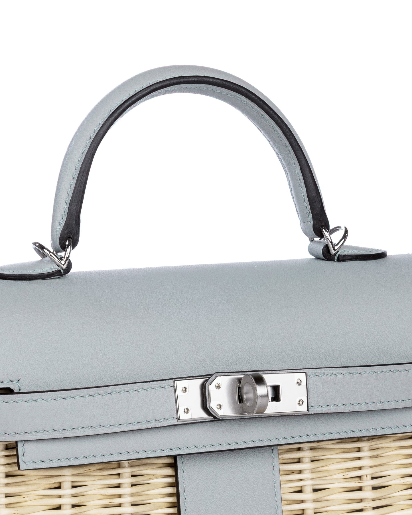 Kelly 20 Bleu Glacier in Swift and Naturel Osier Wicker Leather with Palladium Hardware