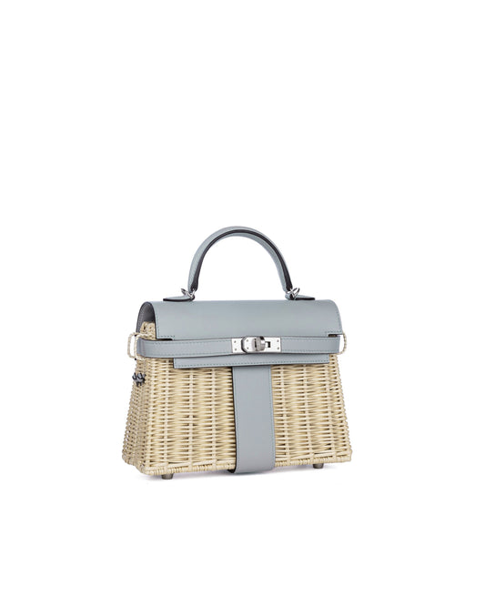 Kelly 20 Bleu Glacier in Swift and Naturel Osier Wicker Leather with Palladium Hardware